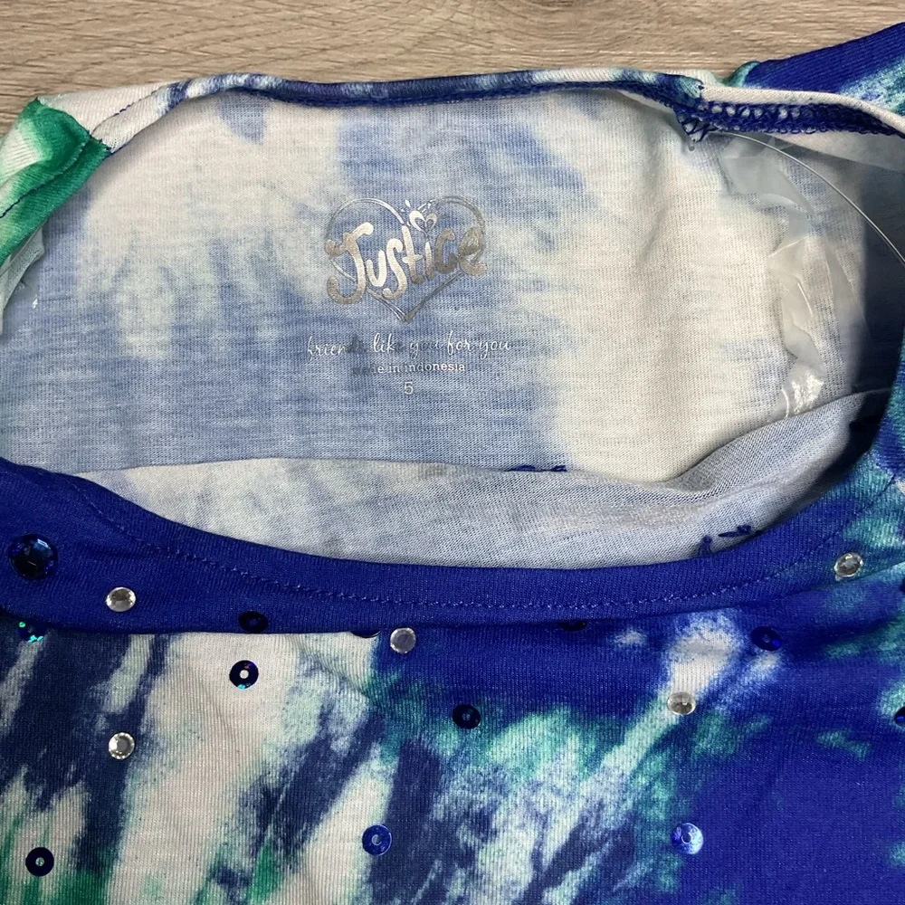 JUSTICE SIZE  5 CROP  SEQUIN T-SHIRT TOP‎ Blue Green Tie Dye NWT